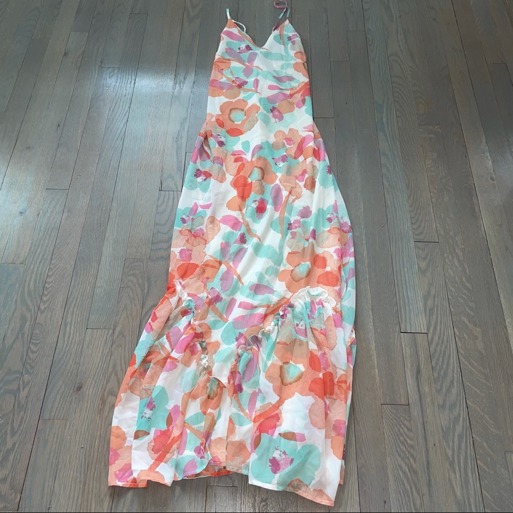 Lulu's Coral Mint Pink Watercolor Floral Maxi Dress